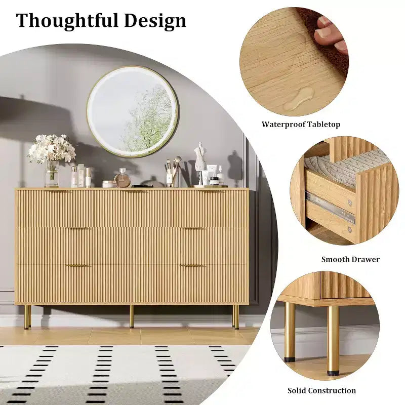7-Drawer Fluted Dresser, Modern Wood Storage Cabinet, Bedroom Furniture for Living Room Hallway