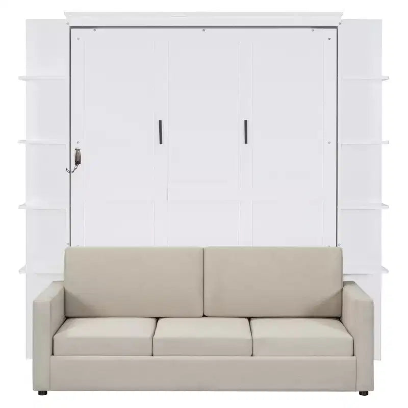 Queen Murphy Bed Wall Bed with Sofa, Queen Size Cabinet Bed Folding Wall Bed with Bookshelf and Shelves for Guest Room Office