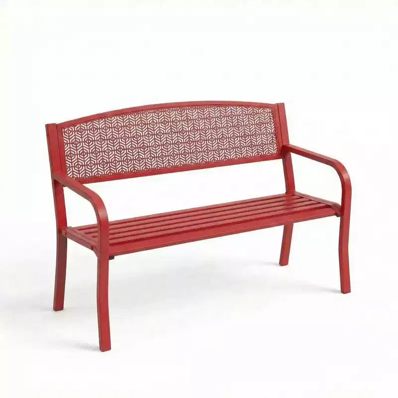 2 Person Metal Outdoor Bench for Garden, Steel Benches Furniture with Geometric Backrest for Patio, Garden & Porch