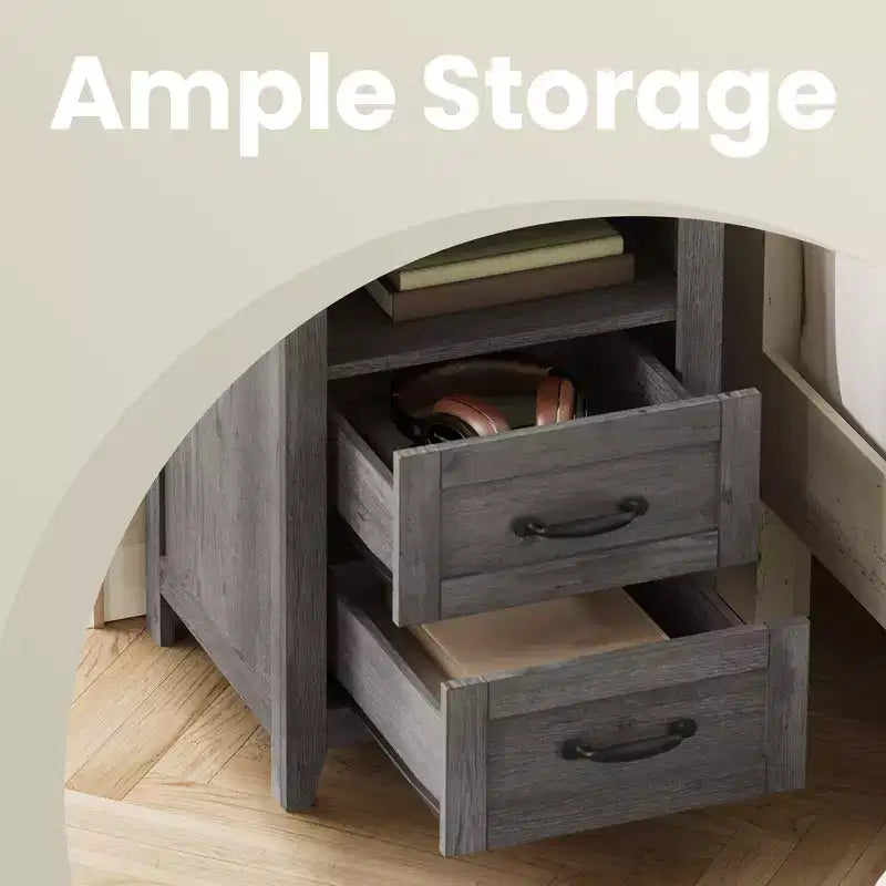 Set of 2 Farmhouse Nightstands with USB Charging - 2-Drawer Bedside Tables, Rustic Modern Design