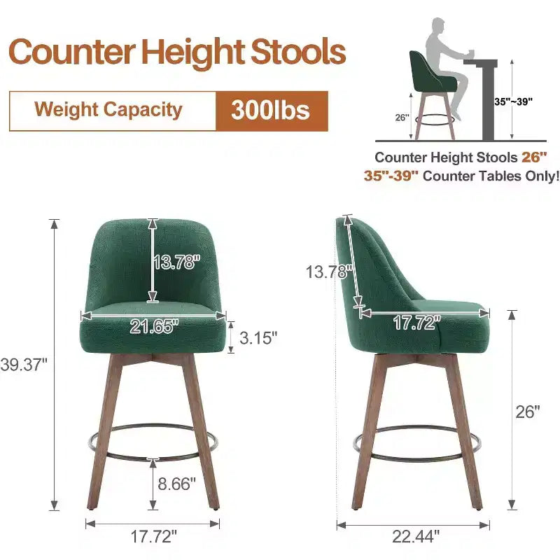 Lot de 4 tabourets de bar pivotants à hauteur de comptoir Bekrvio 26 po avec dossiers et pieds en bois, tabourets de bar rembourrés en tissu lin/similicuir pour îlot de cuisine