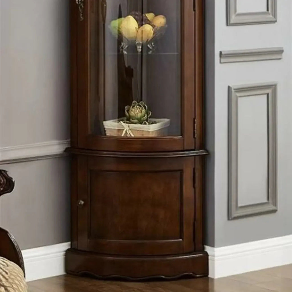 Classic Brown Rubberwood Corner Cabinet with Glass Door
