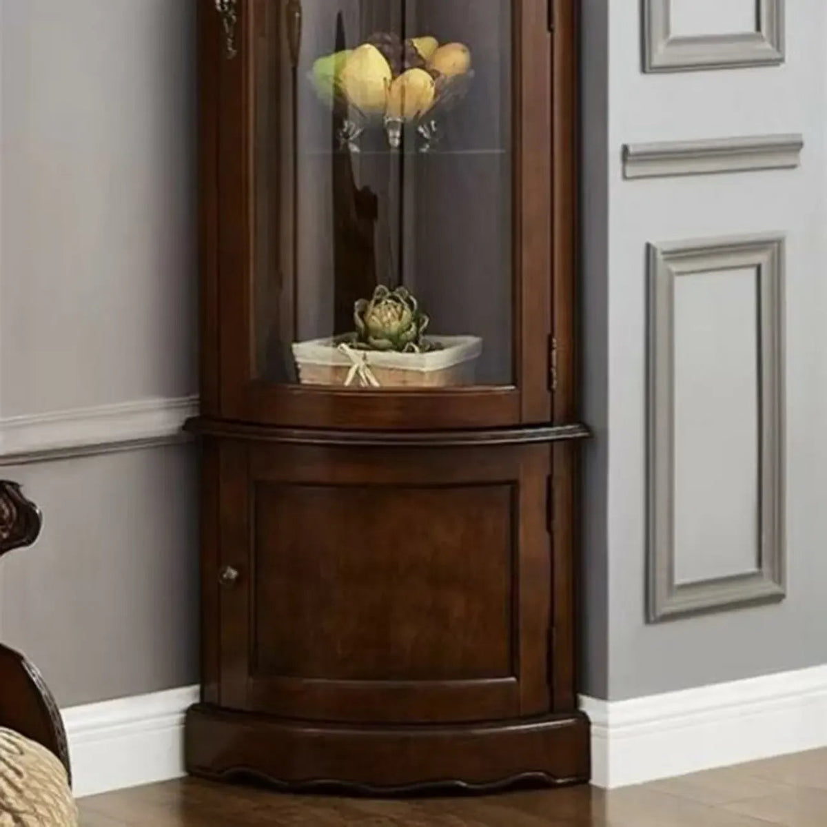 Classic Brown Rubberwood Corner Cabinet with Glass Door