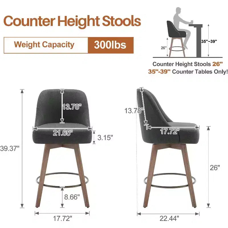 Lot de 4 tabourets de bar pivotants à hauteur de comptoir Bekrvio 26 po avec dossiers et pieds en bois, tabourets de bar rembourrés en tissu lin/similicuir pour îlot de cuisine