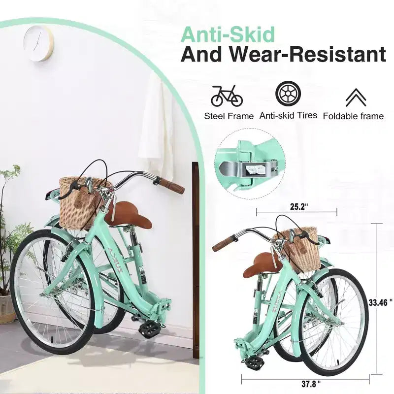 NAYSAYE 26 Inch Single Speed Folding Lady Bike Durable Steel Frame for Easy Storage and Commuting, Green, 66.93*25.2*40.95