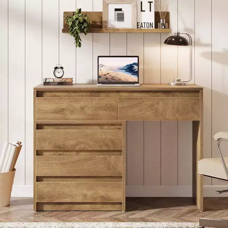 Lantine Computer Desk with 5 Drawers, Wood Executive Desk with File Cabinet and Printer Stand for Home Office, Small Spaces