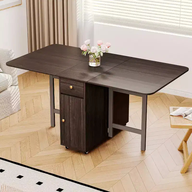 ATJafurn 59 Foldable Dining Table with Drop Leaves for Small Space, Rectangular Wooden Extendable kitchen Table with Wheels and Storage