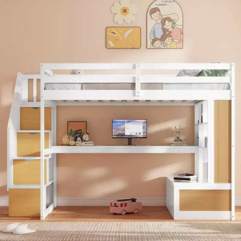 Full Size Loft Bed with Stairs and Desk, Wood Loft Beds Frame with Storage Drawers and Bookcase Shelves for Adults Teens Kids