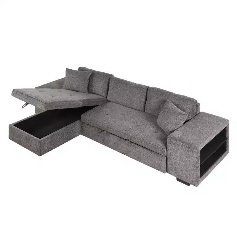 104.5 Reversible L-Shape Sleeper Sectional with Storage Chaise & 2 Stools - Convertible 3-Seat Sofa Bed for Living Room