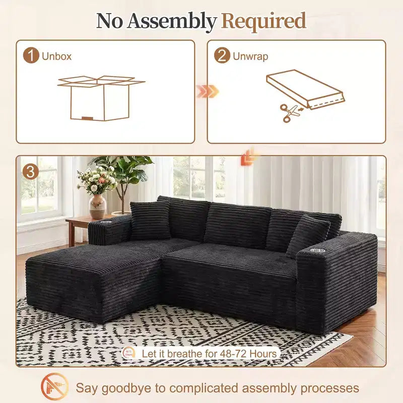 Celebalcony 103 Boneless Modular Sectional Sofa, L-Shaped Chaise with 2 Cup Holders, Plush Corduroy Cloud Couches for Living Room, No Assembly