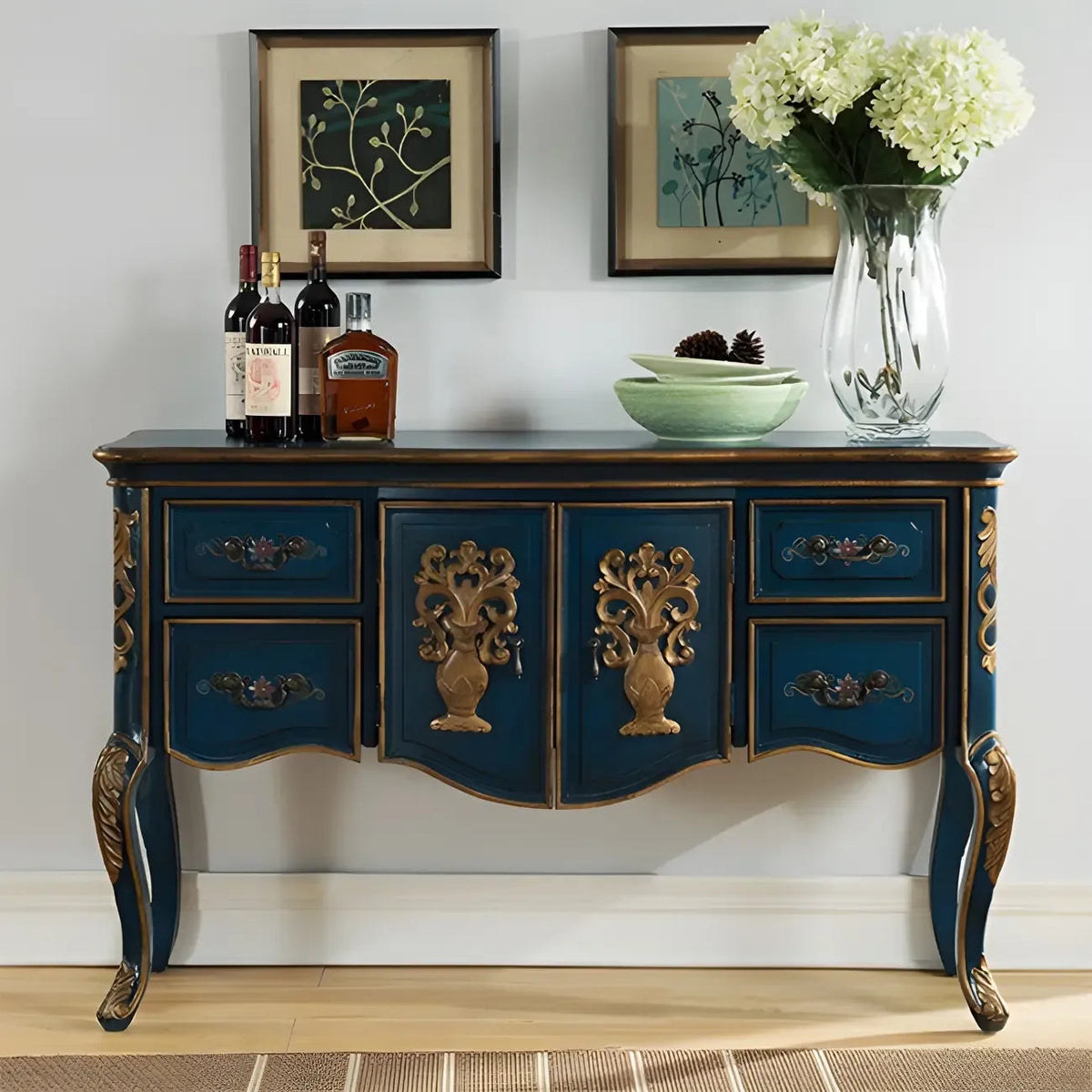French Coffee Wood Storage Console Table with Drawers
