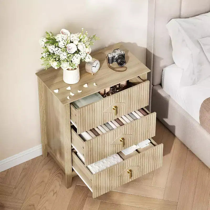 2Pcs Fluted Wood Nightstands, 27.5 Wide 3-Drawer Dresser Set, Modern Bedside Tables, Chest of Drawers for Bedroom, Living Room