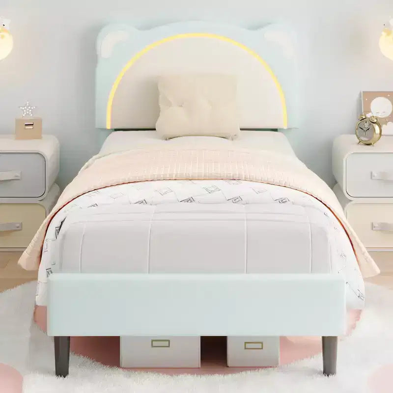 Cute Kids Bed Frame - Adjustable adorable bear design, suede upholstery, storage drawers, solid wood slats, quiet design, easy to assemble.