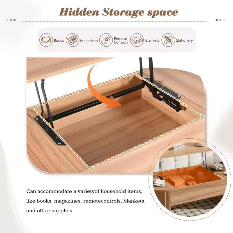 47.2 Lift Top Coffee Table, Oval Wooden Center Table with Hidden Storage, Modern Cocktail Table for Living Room Bedroom Office