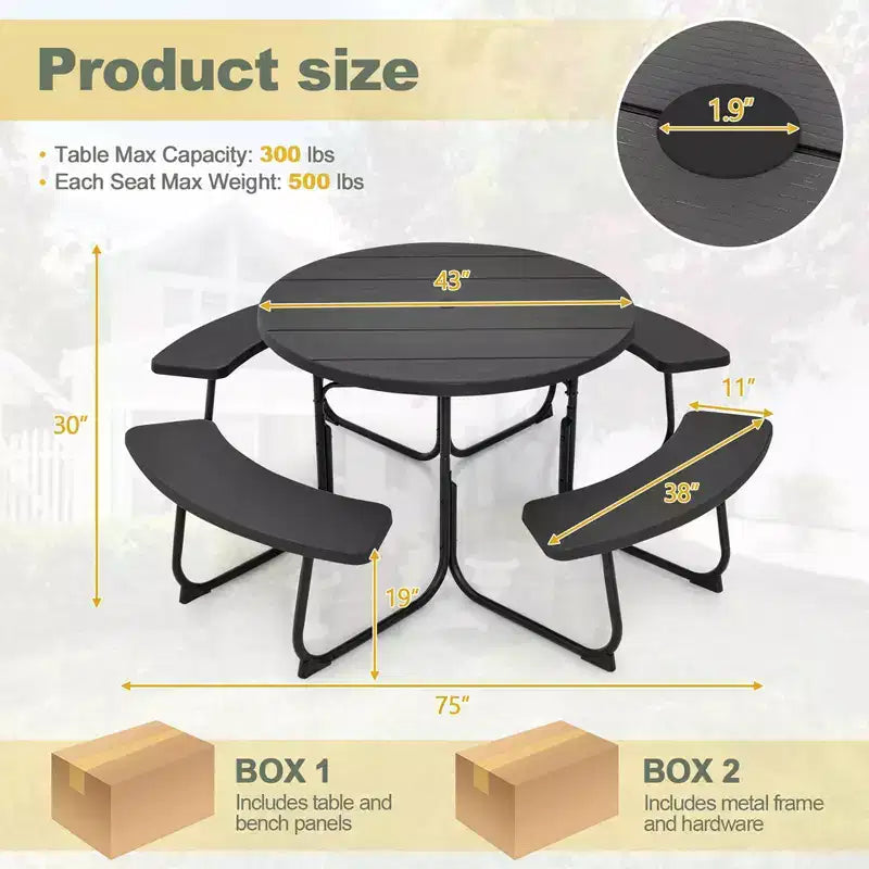 Costway Outdoor 8-person Round Picnic Table Bench Set with 4 Benches & Umbrella Hole Black/Grey/Green/White