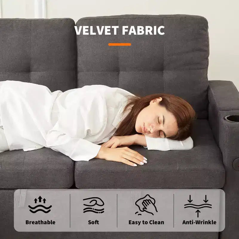 Canapé-lit convertible en L avec couchage escamotable de 213 cm, accoudoirs de rangement dissimulés, porte-gobelets et ports de charge USB, canapé modulable pour salon