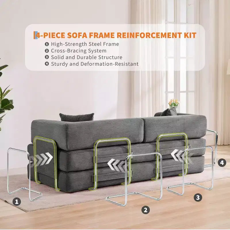 Modern 79 Corduroy Futon Sofa Bed for Small Spaces, 5-in-1 Convertible Sleeper Couch with Removable Armrests & Pillows