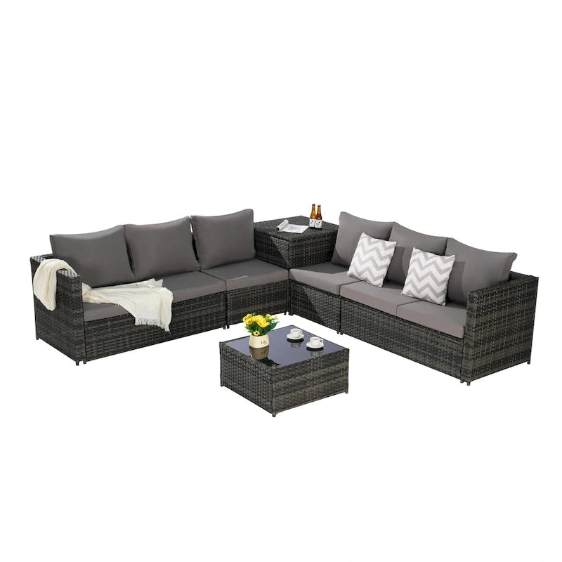 6-Piece Wicker Sectional Sofa Set with Corner & Glass Table