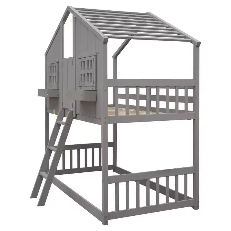 Twin Size House-Shaped Loft Bed, Wood Playhouse Loft Bed with Ladder & Guardrails for Kids