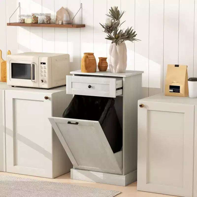HOMCOM Kitchen Tilt Out Trash Bin Cabinet Free Standing Recycling Cabinet Trash Can Holder With Drawer