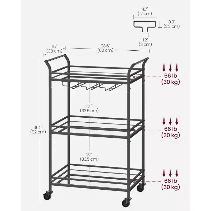 Bar Cart, Home Bar Serving Cart, Small Bar Cart with 3-Tier Shelf, Wine Holders, Glass Holders, Bar Cart, 15 x 23.6 x 36.2 Inches