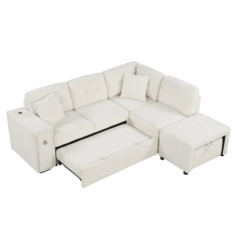 Canapé d'angle 4 places avec lit gigogne, pouf, ports USB et tablette rabattable
