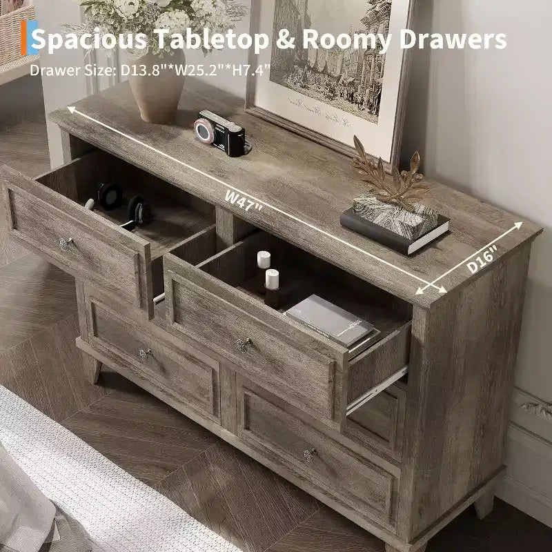 Dresser for Bedroom, 6 Drawer Wide Dresser Storage Organizer, Modern Wooden Chest of Drawers with Metal Handles for Hallway, Entryway, Home Office