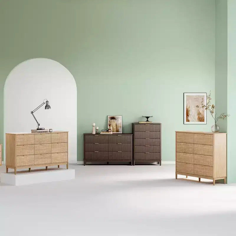 LINSY HOME Fluted 6 Drawer Dresser for Bedroom, Mid Century Modern Large Chest of Drawers with Gold Metal Handles, Wide Boho Wood Dressers