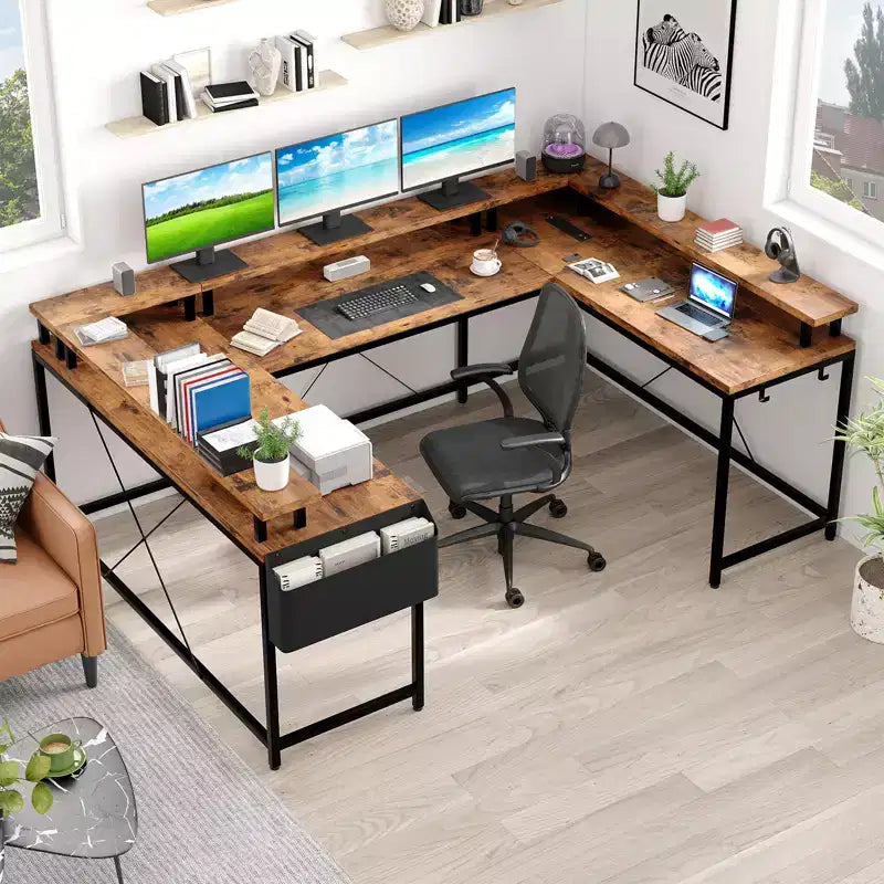 Large U-Shaped Corner Computer Desk with Power, LED Lights, Monitor Stand and Storage for Home Office & Executive Use