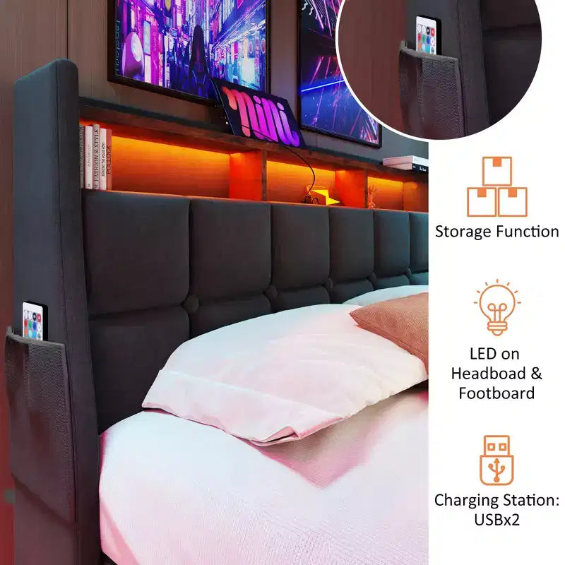 Queen Bed with Hydraulic Storage, LED, USB, Upholstered Headboard, No Box Spring, Easy Assembly