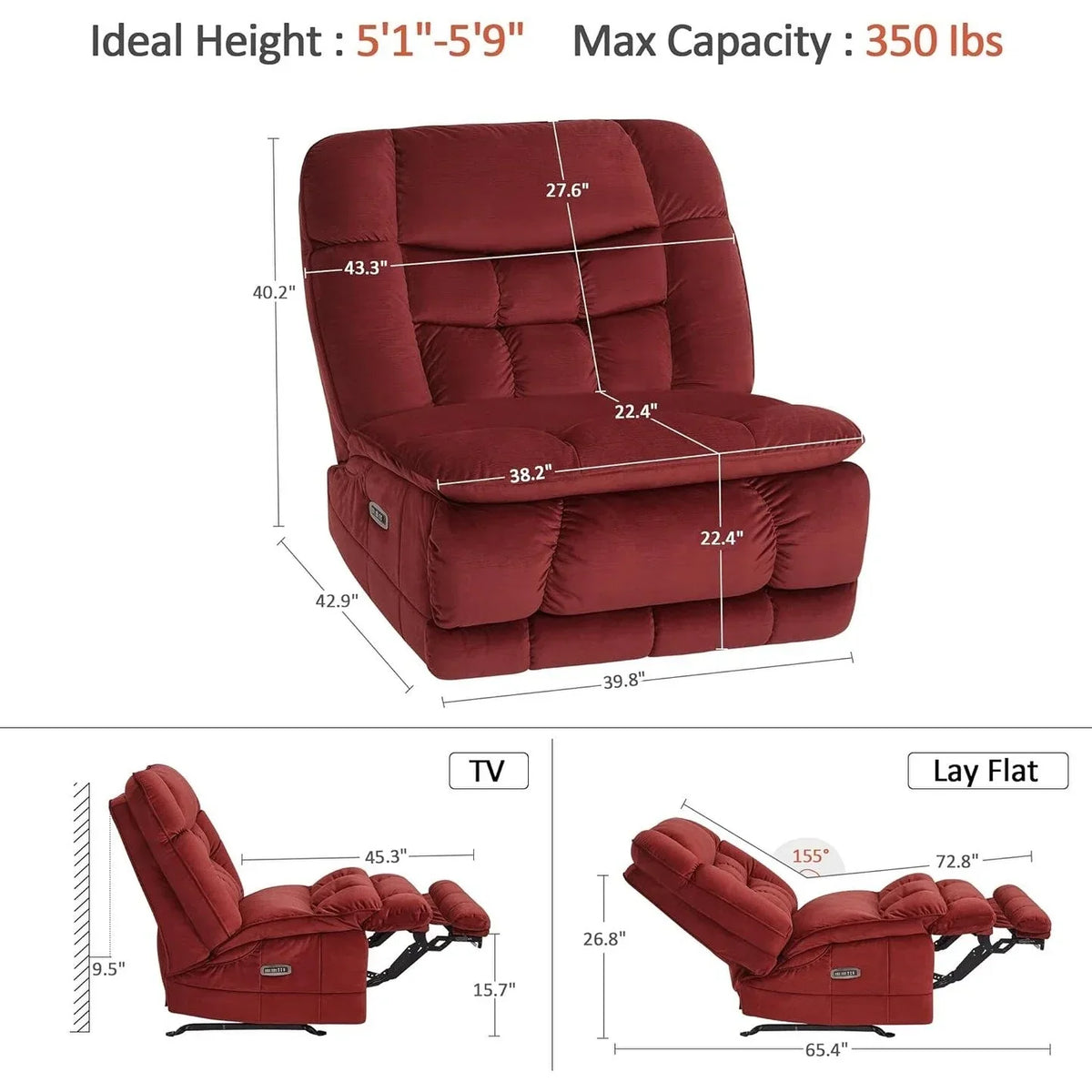 MCombo Oversized Dual Motor Armless Power Rocker Recliner Chair, Zeroarms Recliner Perfect for Living Room Fabric PR607