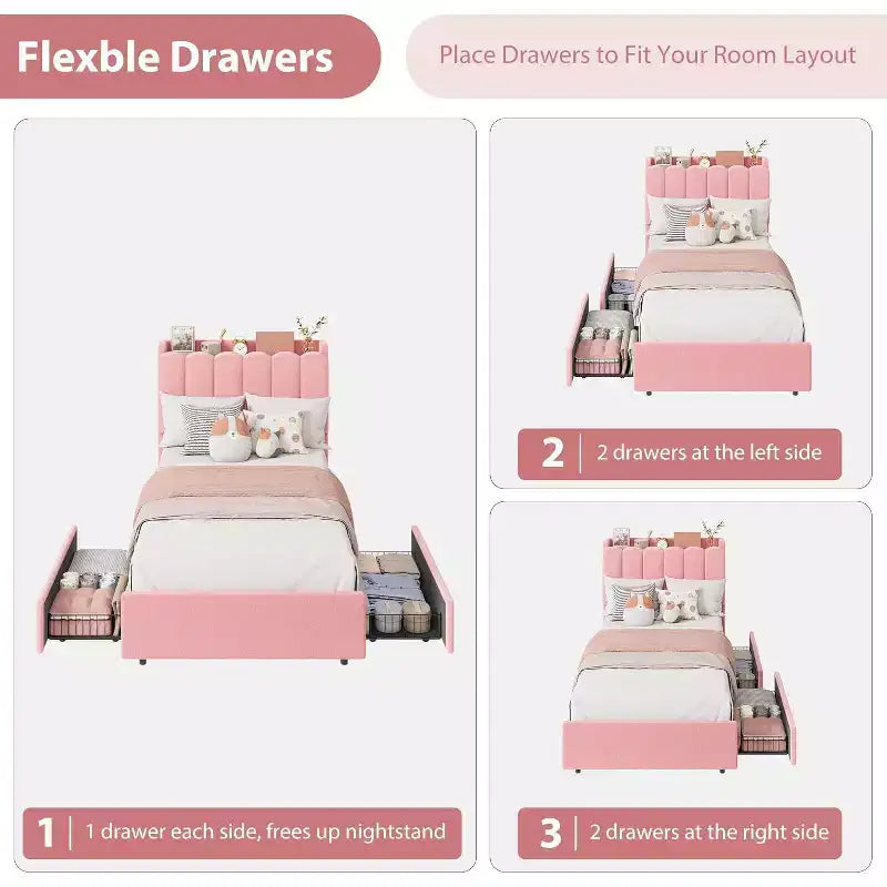 Bed frame with storage headboard, childrens bed frame with 2 drawers, fabric upholstered platform bed, contoured headboard with bookshelf