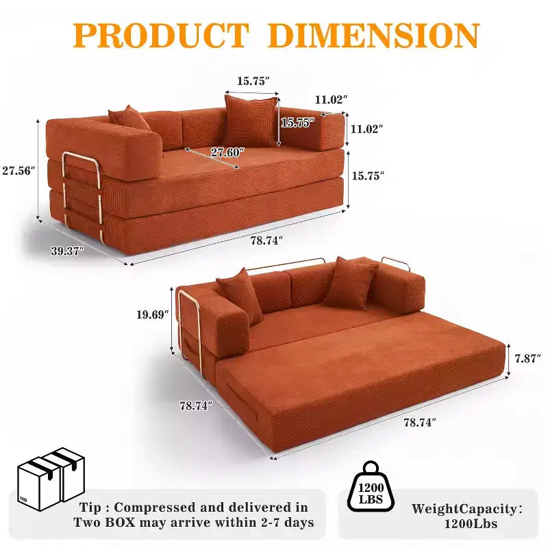Dyonery 78Folding Sofa Bed Convertable Corduroy Couch King Size Floor Sleeper 4-in-1 DIY Combination Modular Sofa Fold Out Comfy sofa.