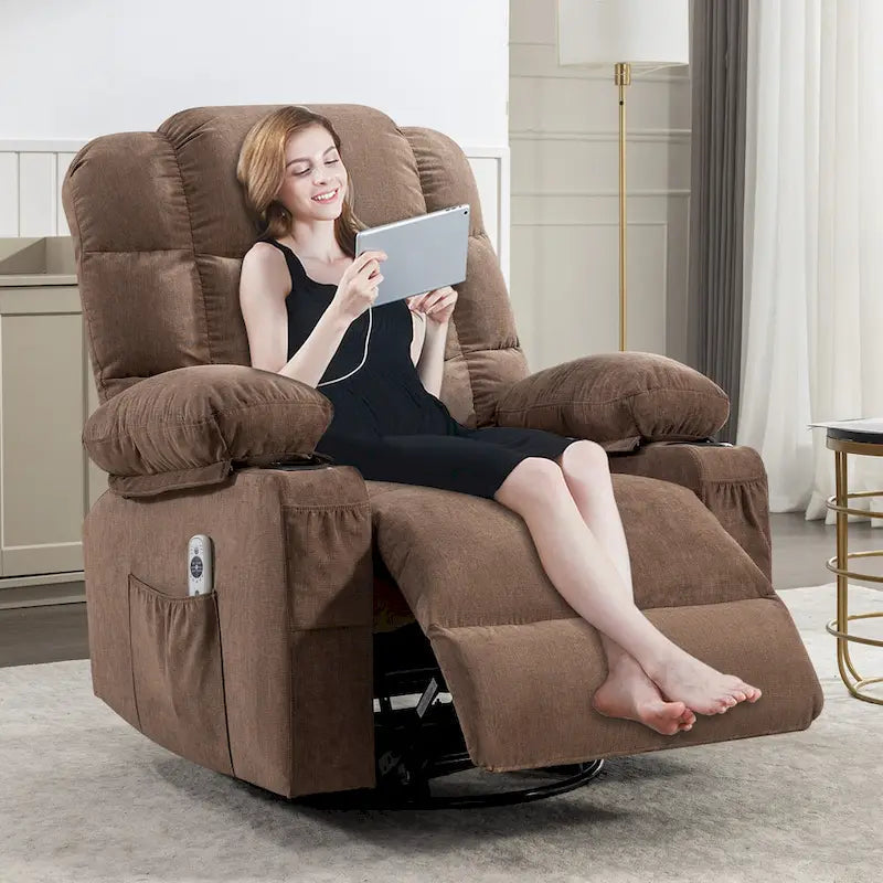 Grey Oversized Recliner with Heat and Massage, 150 Recline, 30 Rocking, USB Charging, and 2 Cup Holders