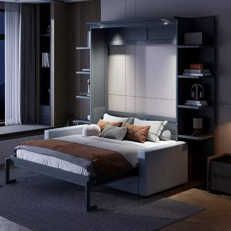 Queen Murphy Bed Wall Bed with Sofa, Queen Size Cabinet Bed Folding Wall Bed with Bookshelf and Shelves for Guest Room Office