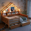 Full Size House Bed Frame with Drawers, House Platform Bed with LED Lights, Storage Shelves & Drawers, Wood Daybed with Roof and Guardrail
