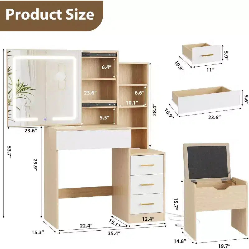 DobleePy Modern Vanity Desk with Sliding Mirror & LED Lights, 4 Drawers, 7 Shelves, Charging Station & Stool, Makeup Dressing Table for Bedroom