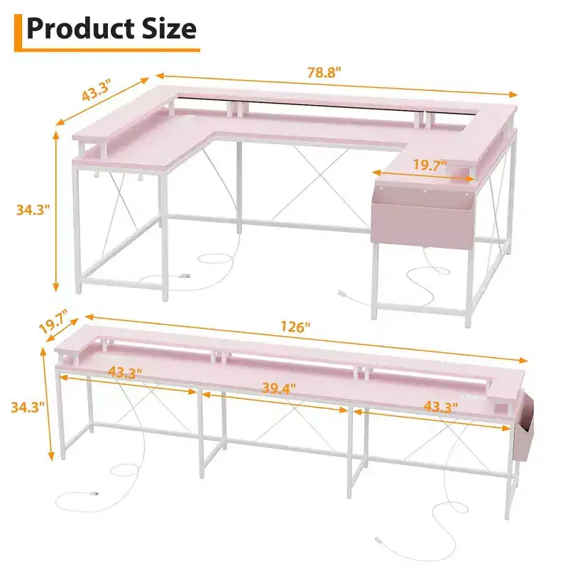 COZONY 78 U/L Shaped Gaming Desk, Reversible Computer Desk with Power Outlets, LED Lights, Monitor Stand & Storage Shelf, Corner Desk for Home Office