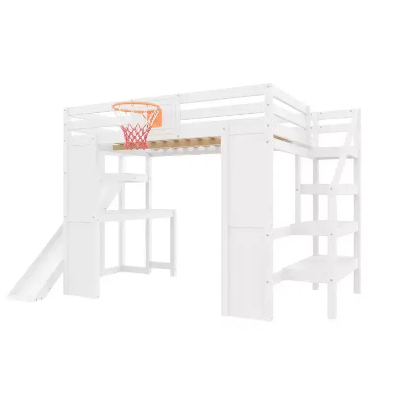 Luxystar Full Wooden Loft bed with Desk, Slide, Basketball hoop and Storage Staircase for Kids and Teens