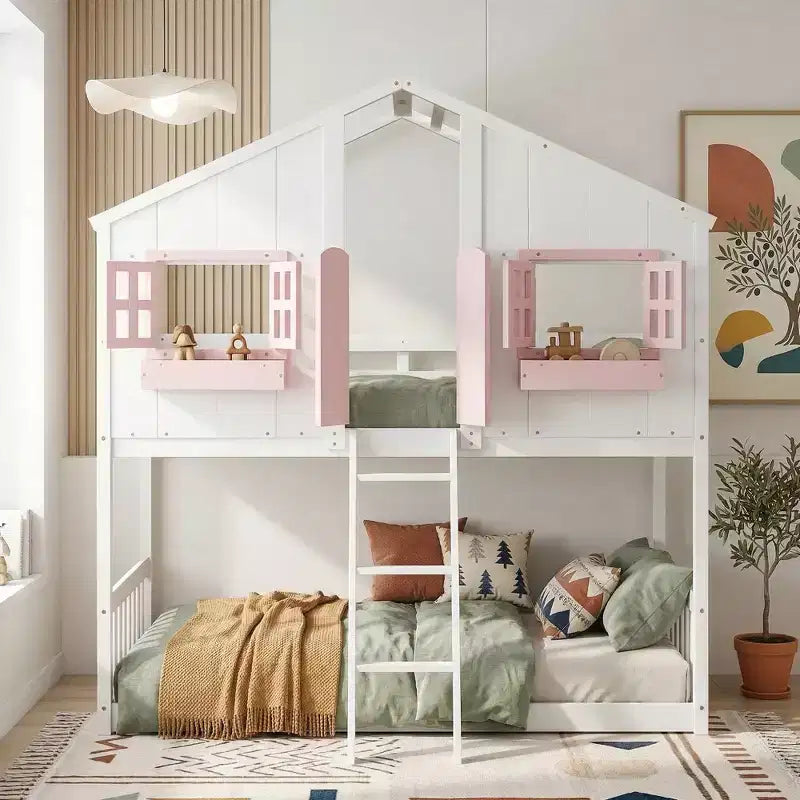 Twin Size House-Shaped Loft Bed, Wood Playhouse Loft Bed with Ladder & Guardrails for Kids