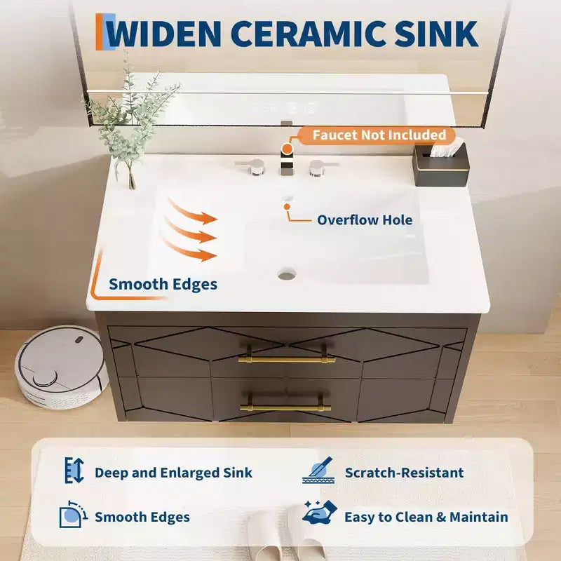 Modern Floating Bathroom Vanity Set with Basin - Wall-Mounted Cabinet with Soft-Close Storage Drawer and Gold Handle, 24 or 30 Size