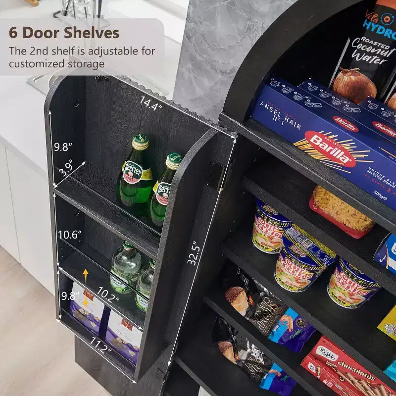 71 Tall Arched Kitchen Pantry, Modern Storage Cabinet with 3 Adjustable Shelves, 6 Door Shelves, for Kitchen, Living Room