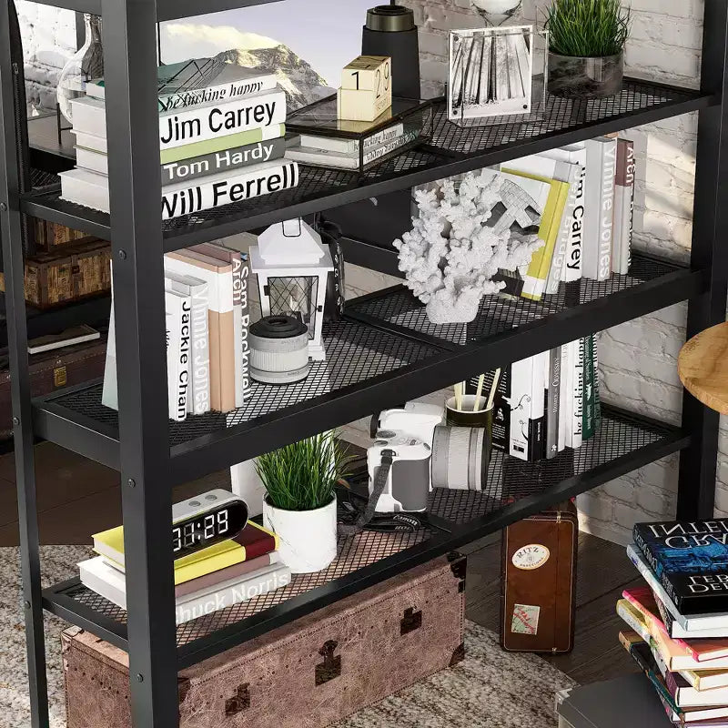 Bellemave Queen Metal Loft Bed with Desk, Storage Shelves & Hanging Rod, Space-Saving Loft Bed Frame with Guardrails & Ladder, No Box Spring, Black