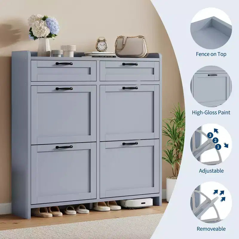 Shoe Cabinet with 4 Flip Drawers & 2 Top Drawers, Wooden Shoe Organizer Cabinet with Adjustable Shelf, Freestanding Shoe Storage Cabinets