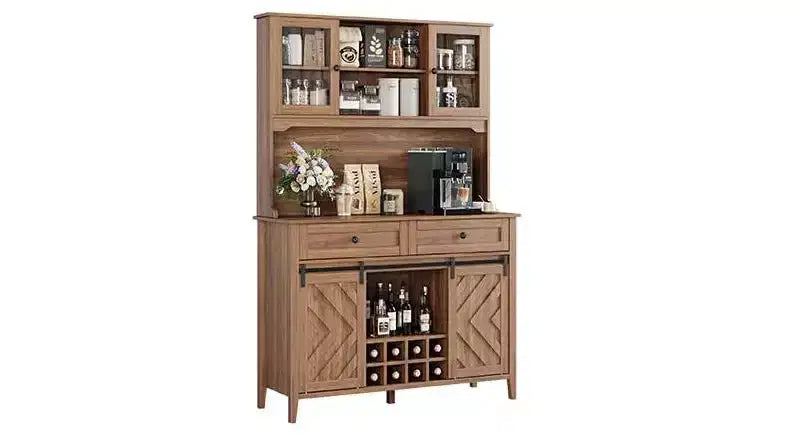 72 Farmhouse Bar Cabinet with Sliding Barn Door  Large Kitchen Buffet with Hutch, Charging Station, 2 Drawers & 8 Storage Shelves  Coffee