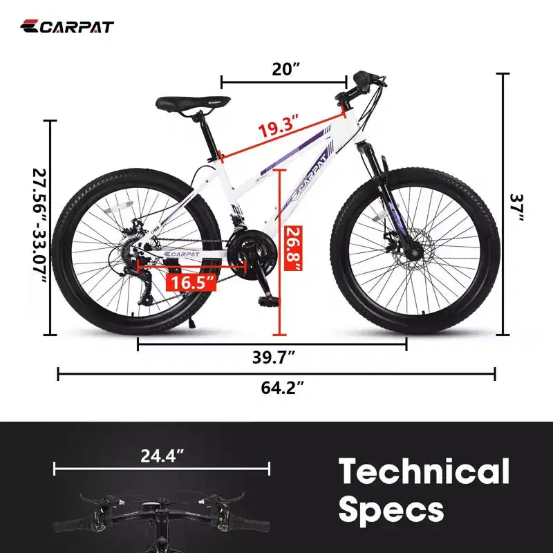 Okak 24/26IN Mountain Bike with 21 Speeds and Dual Disc Brakes, Kids Bike with 100mm Front Suspension, Dirt Bike for Teenagers and Women