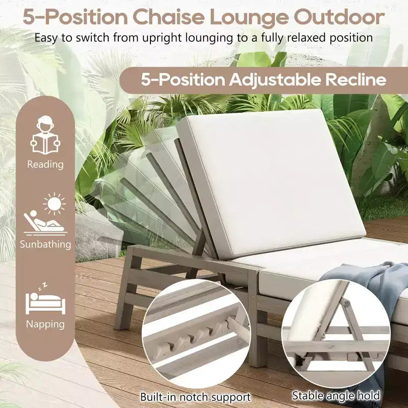 Merax 5-Position Acacia Outdoor Chaise Lounge with Thick Cushions