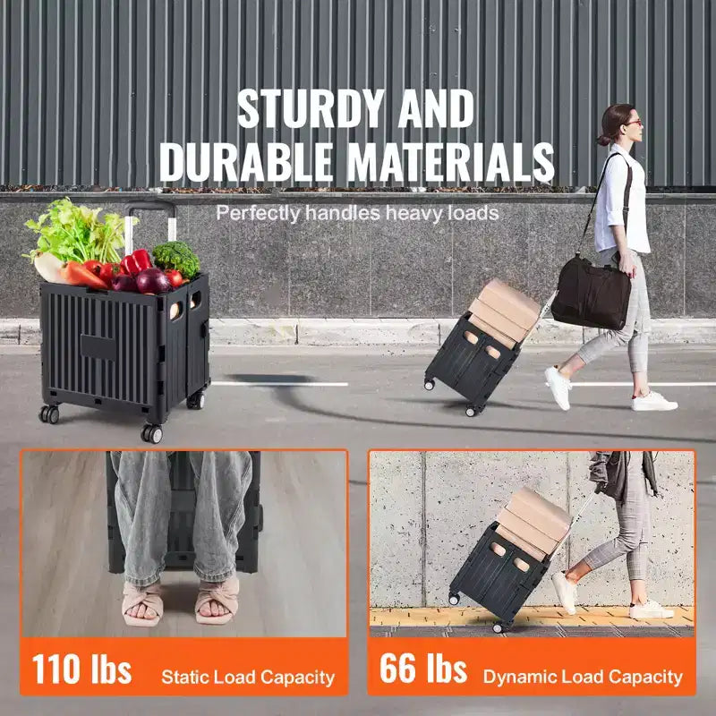 Chariot utilitaire pliable, capacité de charge de 110 lb, caisse roulante portable pliable avec poignée télescopique robuste et 4 roues pivotantes