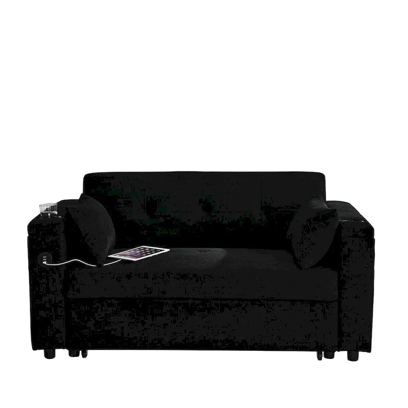 54 Pull-Out Sleeper Sofa Bed, 2 Seat Recliner Sofa Bed with Storage, Lumbar Pillow, USB Power Outlet