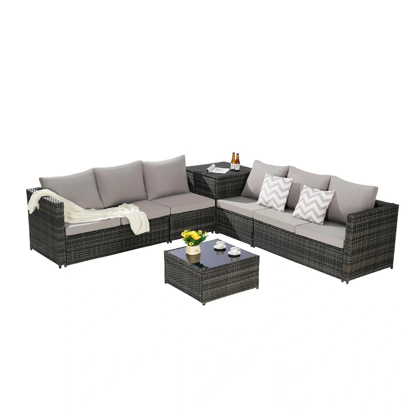 6-Piece Wicker Sectional Sofa Set with Corner & Glass Table